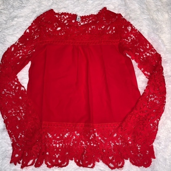 oioninos Tops - Oioninos Boho Crochet Lace Sleeve Shirt Red S M